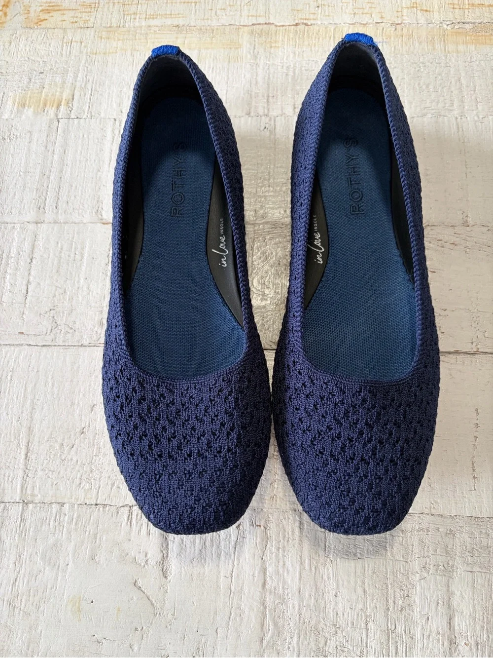 Rothy’s the Max Square in Deep Navy Crochet size 8.5 Knit Flats In Love Insoles - Picture 2 of 14